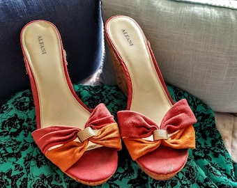 Vintage Alfani Suede Cork Wedge Slides Size 10-Alfani Wedges-Vintage Alfani Women's Shoes
