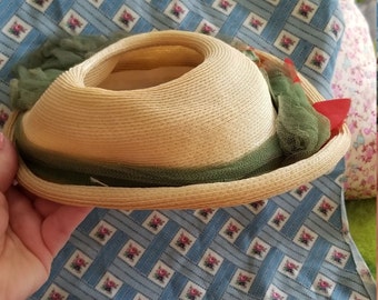 Vintage Beige Straw/silk Peek A Boo Summer Hat 1950s With  display picture 3