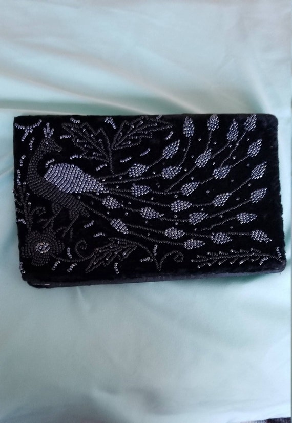 Vintage Black Beaded Clutch With Peacock Motif-Vi… - image 1