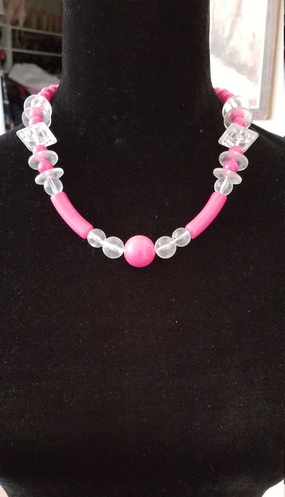 Vintage Pink & Clear Lucite Necklace~Pink Beads Wh