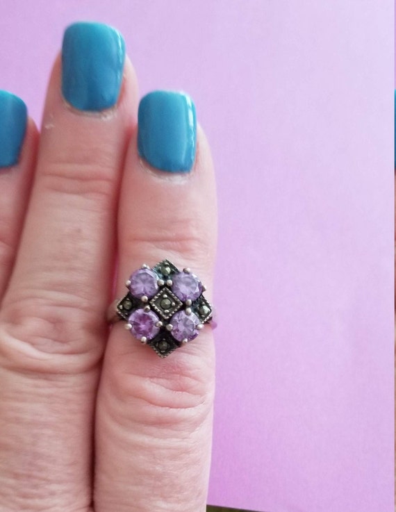 Vintage Amethyst & Marcasite Ring Size Approx 5~A… - image 5