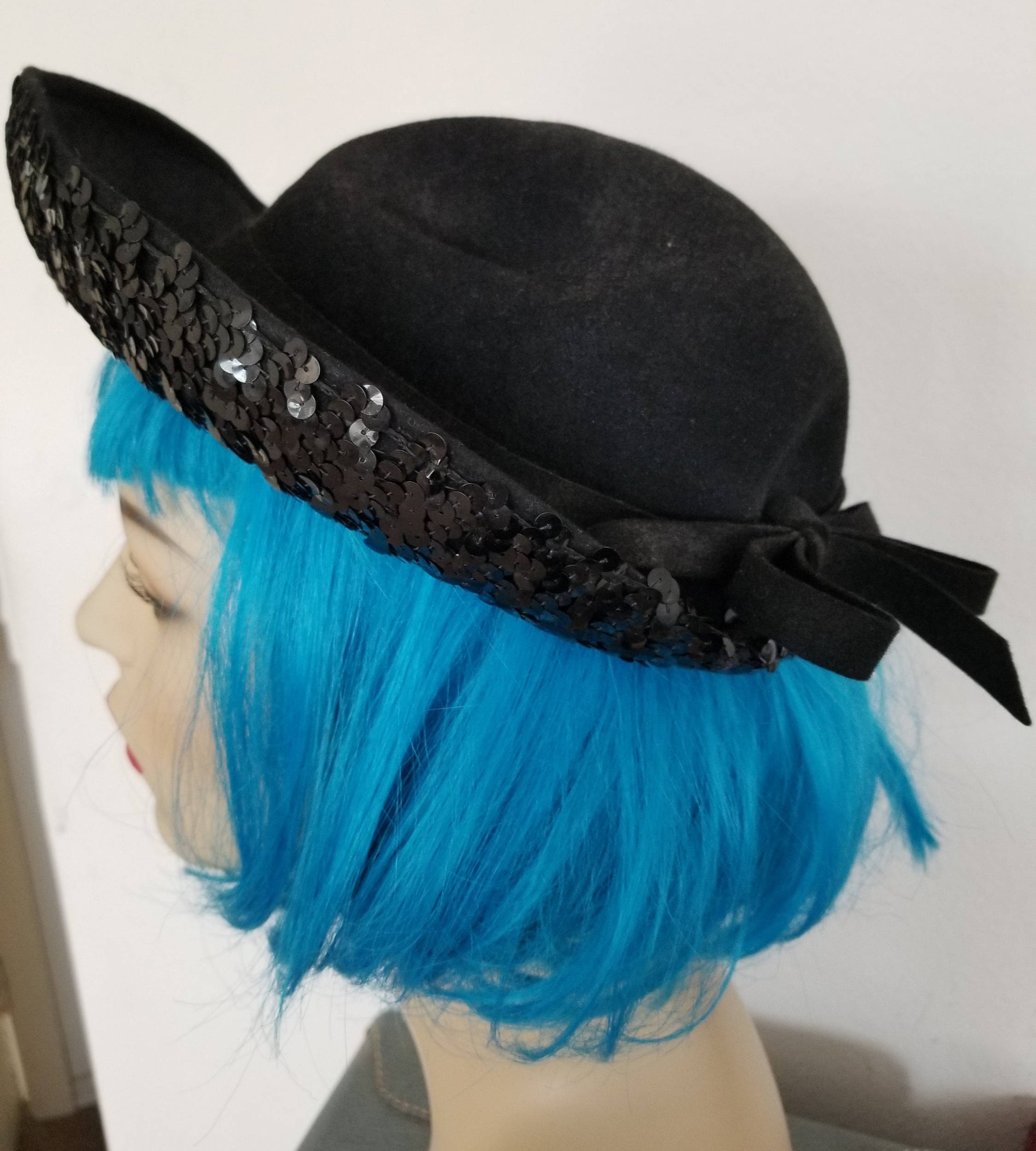 Vintage Black Felt Hat Sequin Trim on Brim by Brandt - Etsy display picture 1