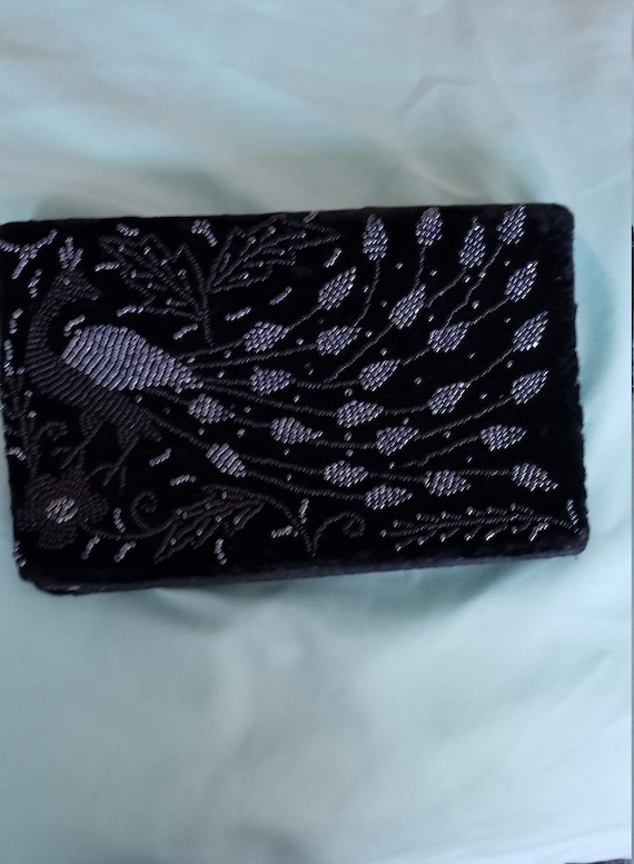 Vintage Black Beaded Clutch With Peacock Motif-Vi… - image 4