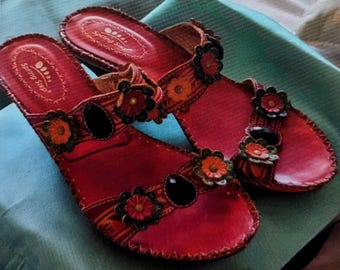 Vintage Spring Step Leather Sandals: Southwest Floral Jewels, Size 10