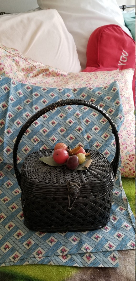 Vintage Black Wicker Fruit Basket Purse By Hain Th