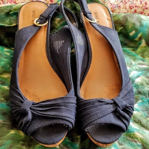 Vintage Nine West Cork Wedge Slingback Heels-Canvas Uppers Size 10 M-Cute Shoes Retro Look