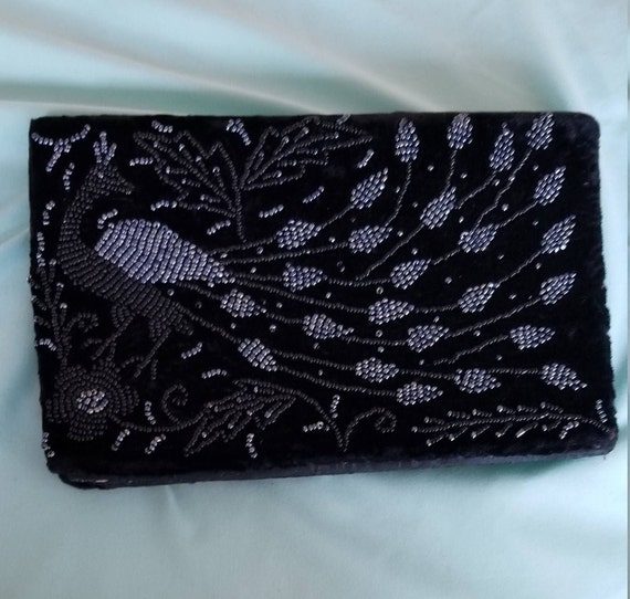 Vintage Black Beaded Clutch With Peacock Motif-Vi… - image 9