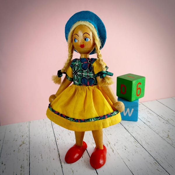 Vintage Polish Wooden Doll: Handmade Joli Doll, Collectible, Height 18cms