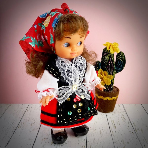 Vintage Spanish Folk Doll, Traditional Peasant Costume, Northern Spain, Cantabrian Albarca Cloggs