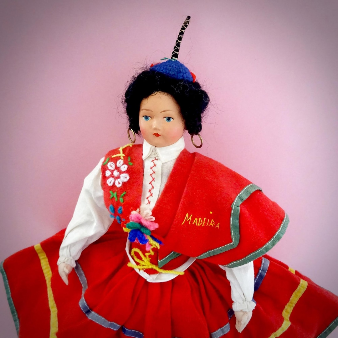 Large Vintage Madeira Folk Doll: Handmade Linen Figure With 