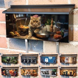 May include: A set of 10 different mailbox designs featuring cats in various scenes. The designs include cats cooking, cats playing, cats sleeping, and cats in nature. The mailboxes are made of metal and have a black finish.