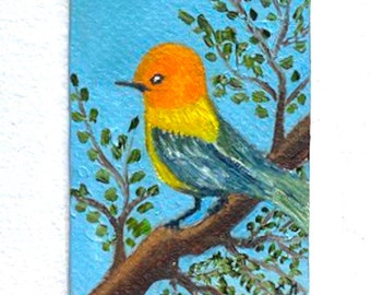 BIRDY original ACEO outsider naive art oil painting  2.5 x 3.5",  original oil painting,bird painting, animal painting