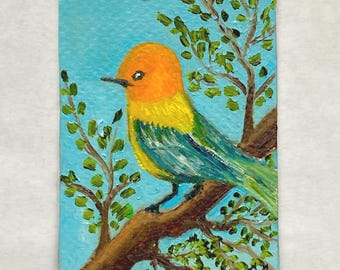 BIRDY original ACEO outsider naive art oil painting  2.5 x 3.5",  original oil painting,bird painting, animal painting