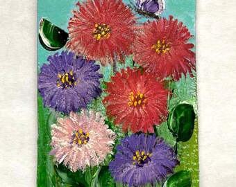 ASTER FLOWERS, original ACEO Still Life oil painting  3.5 x 2.5 in,  original oil flower painting