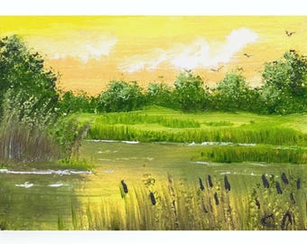 SUMMER SUNSET, original ACEO still life oil painting  2.5 x 3.5", summer landscape, original miniature oil painting