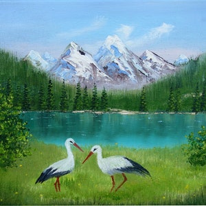 TWO STORKS original mountain landscape oil painting 9 x 12" on stretched canvas, original oil painting, original landscape