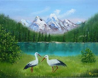 TWO STORKS original mountain landscape oil painting 9 x 12" on stretched canvas, original oil painting, original landscape