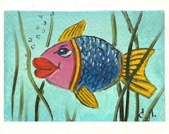 BEAUTY-FISH original ACEO outsider naive art oil painting  2.5 x 3.5",  original oil painting, fish painting, animal painting