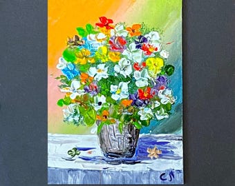 Flowers In Vase, original ACEO Still Life oil painting  3.5 x 2.5 in,  original oil flower painting
