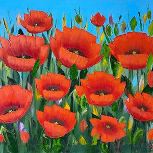 POPPIES original red flower landscape oil painting  24x30&quot; on stretched canvas, original oil painting, flower painting