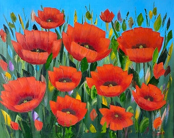 POPPIES original red flower landscape oil painting  24x30" on stretched canvas, original oil painting, flower painting