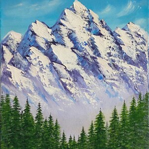 May include: A painting of a snow-capped mountain range with a forest of evergreen trees in the foreground. The sky is a bright blue with white clouds.