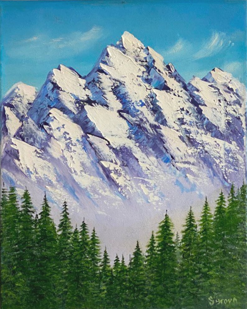 May include: A painting of a snow-capped mountain range with a forest of evergreen trees in the foreground. The sky is a bright blue with white clouds.