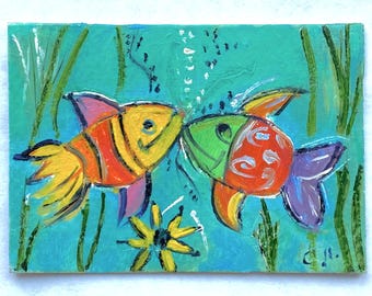 PLAYFUL FISH original ACEO outsider naive art oil painting  2.5 x 3.5",  original oil painting, fish painting, animal painting