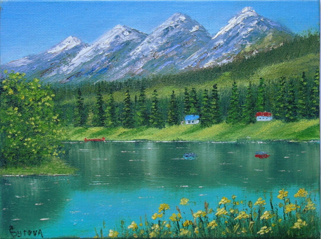 MOUNTAIN LAKE Original Landscape Oil Painting on Canvas Panel 6x8 ...