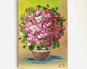 BOUQUET of VIOLETS, original ACEO still life oil painting  3.5 x 2.5", original miniature oil painting