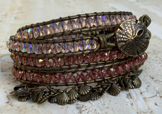 Coquina Shell Pink 5 Wrap Leather Bracelet. Antique Brass Sea 
