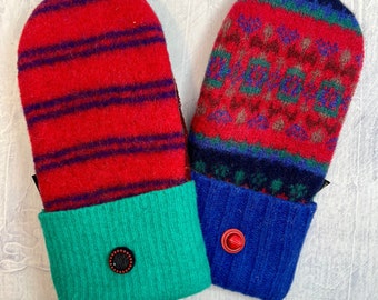 Upcycled Sweater Mittens, 100% Wool, Fleece Lined, One of a Kind, Handmade in USA by BaaBaaZuZu