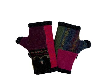 Boiled Wool Fingerless Gloves, 100% Upcycled Wool Sweaters, Fleece Lined, Arctic Fingerless Gloves - Handmade in USA by Baabaazuzu
