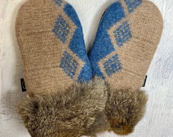 Fur Trimmed Mittens, Upcycled Wool Sweater Mittens, Fleece Lined, One of a Kind, Handmade in USA by BaaBaaZuZu