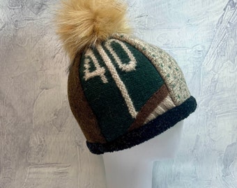 Football Hat, Upcycled Wool Sweater Beanie with Pom Pom, Fleece Lined - Handmade in Michigan by Baabaazuzu