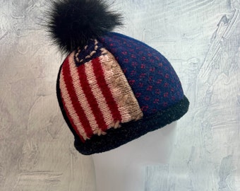 Flag Hat, Upcycled Wool Sweater Beanie with Pom Pom, Fleece Lined - Handmade in Michigan by Baabaazuzu