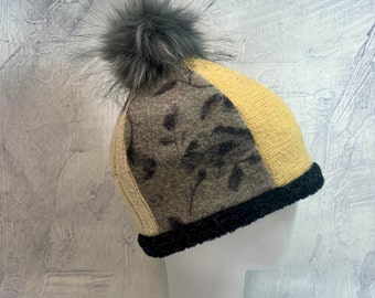 Boiled Wool Hat, Upcycled Wool Sweater Beanie with Pom Pom, Fleece Lined - Handmade in Michigan by Baabaazuzu