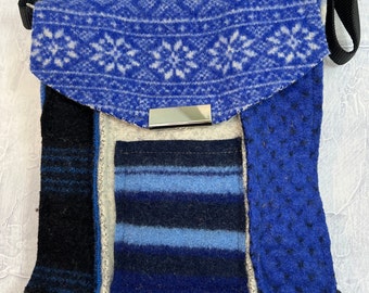 Blue Crossbody Bag, Wool Messenger Bag with Adjustable Nylon Strap, Upcycled Sweater City Bag -  Handmade in Michigan by BaaBaaZuZu