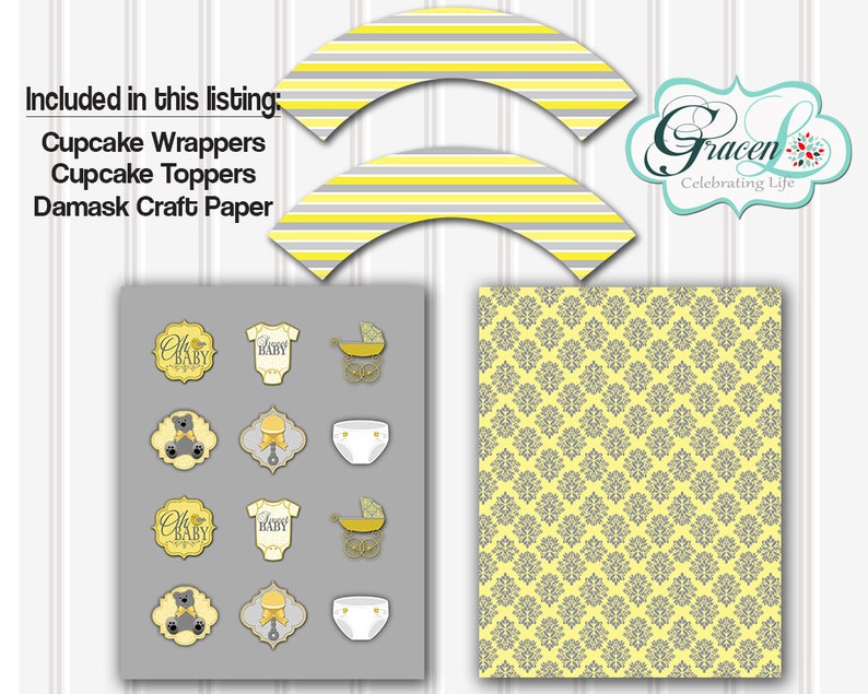 Baby Shower Cupcake Toppers Yellow and Gray Baby Shower Etsy
