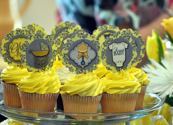Baby Shower Cupcake Toppers Yellow And Gray Baby Shower Etsy