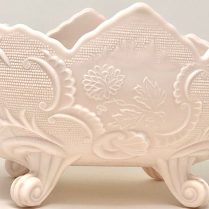Jeanette Glass Shell Pink Footed Bowl, Pink Milk Glass Bowl, Floral Vase Centerpiece Bowl, Lombardi Design