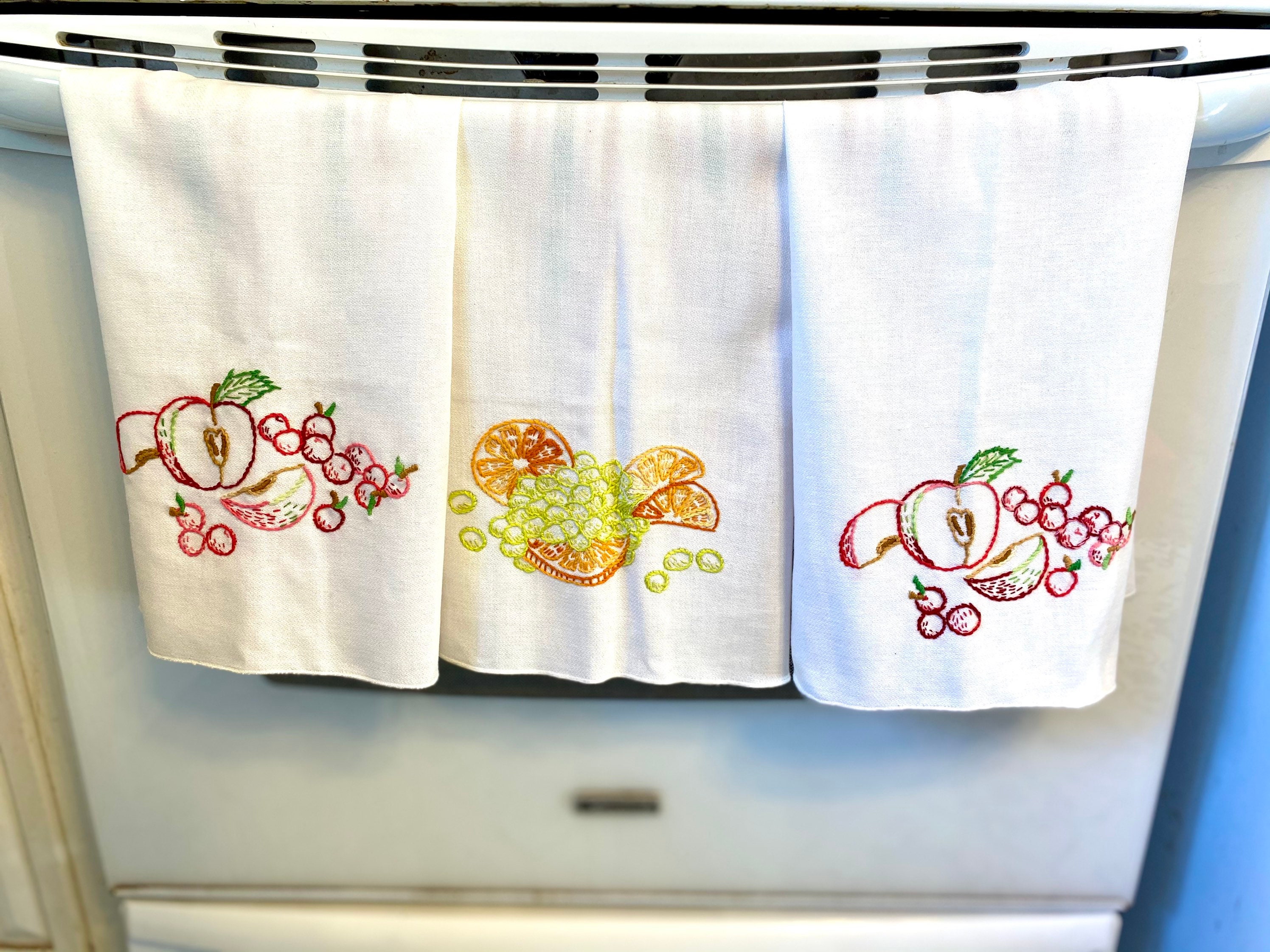 Set of 3 Vintage Embroidered Linen Kitchen Tea Towels Fruit Etsy UK