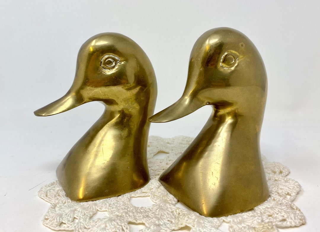 Brass Duck Head Bookends, Presco Vintage Duck Book Ends, Brass Duck Figurines, Solid Brass