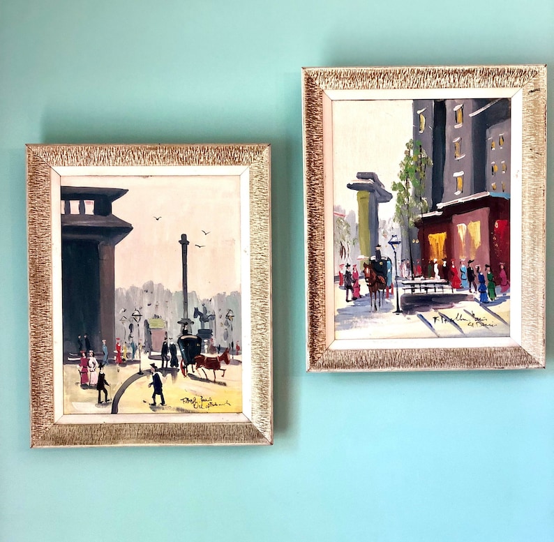 Set of 2 Vintage Cityscape Paintings Original Art Wall Hanging Original Painting Signed