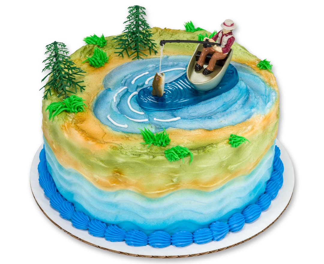 Fishing Cake Topper/ Fisherman's Birthday Cake Topper/ Fishing Cake Kit/  Man Fishing Scene Cake Kit/ Fishing Cake Kit Topper 