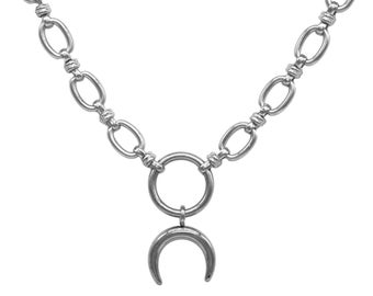 24/7 Wear Solid 316L Surgical Stainless Steel Chain Locking BDSM Slave Submissive Sub Crescent Moon Horn Day Collar Choker ToBeHis®