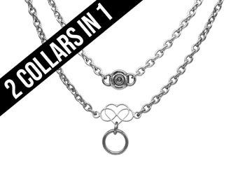 2 COLLARS IN 1 -Forever 24/7 wear Reversible Poly 316L Stainless Steel Locking BDSM O Ring Submissive Heart Infinity Day Collar Necklace