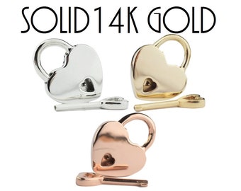 Solid 14K Yellow, Rose, White GOLD Functional Working Mini Heart Shape Padlock Lock with One Key for BDSM Slave Sub Bondage ToBeHis®