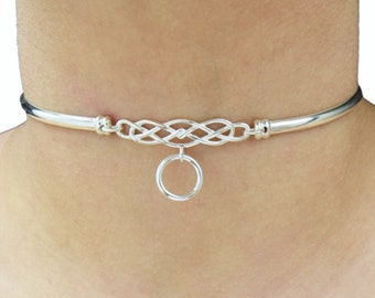 Discreet Flexible Micro Day Collar Celtic Knot O ring w/FANCY ENDS with Locking Screw Clasp Solid 925 Sterling Silver BDSM Sub Pet Bondage