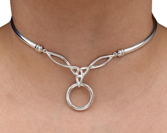 Discreet Flexible Day Collar Tri Celtic Knot O ring w/FANCY ENDS with Locking Options Solid 925 Sterling Silver BDSM Sub Pet Bondage